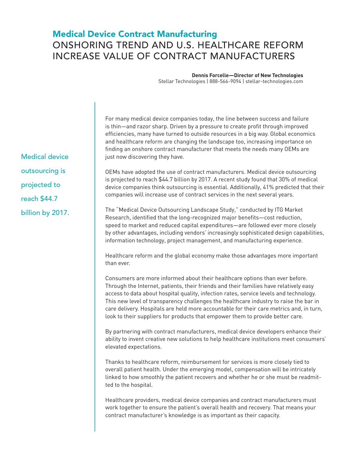 Onshoring Trend And U.S. Healthcare Reform Increase Value Of Contract Manufacturers