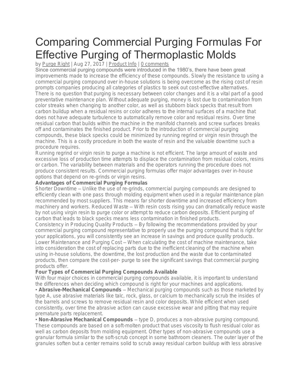 Comparing Commercial Purging Formulas For Effective Purging of Thermoplastic Molds