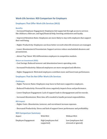 Work-Life Services: ROI Comparison for Employers