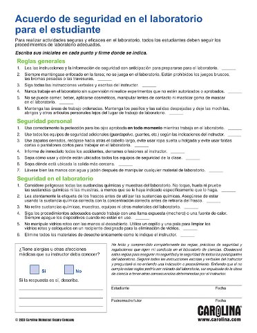 Student Lab Safety Agreement in Spanish