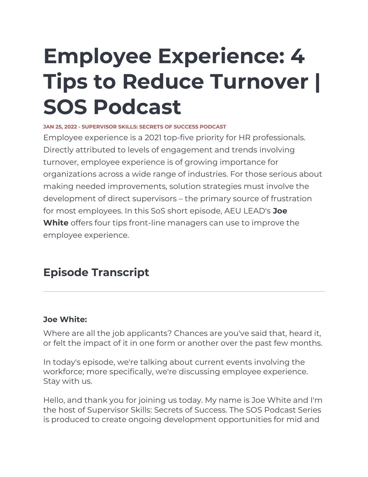 Employee Experience: 4 Tips to Reduce Turnover | SOS Podcast