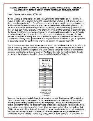 SOCIAL SECURITY – IS SOCIAL SECURITY GOING BROKE AND IS IT THE MOST VALUABLE RETIREMENT BENEFIT THAT