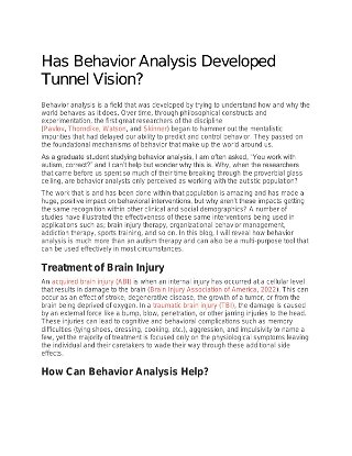 Has Behavior Analysis Developed Tunnel Vision?