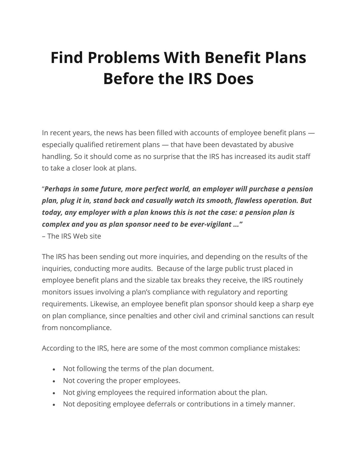Find Problems With Benefit Plans Before the IRS Does 