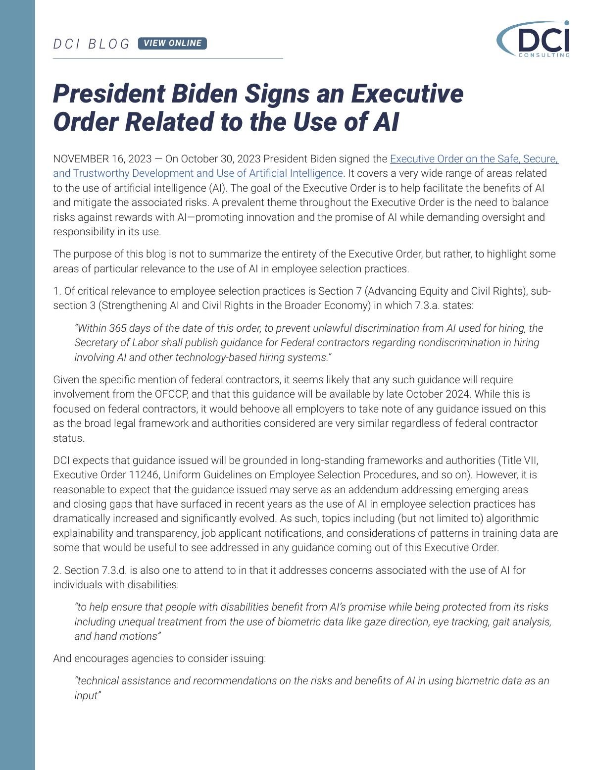 President Biden Signs an Executive Order Related to the Use of AI