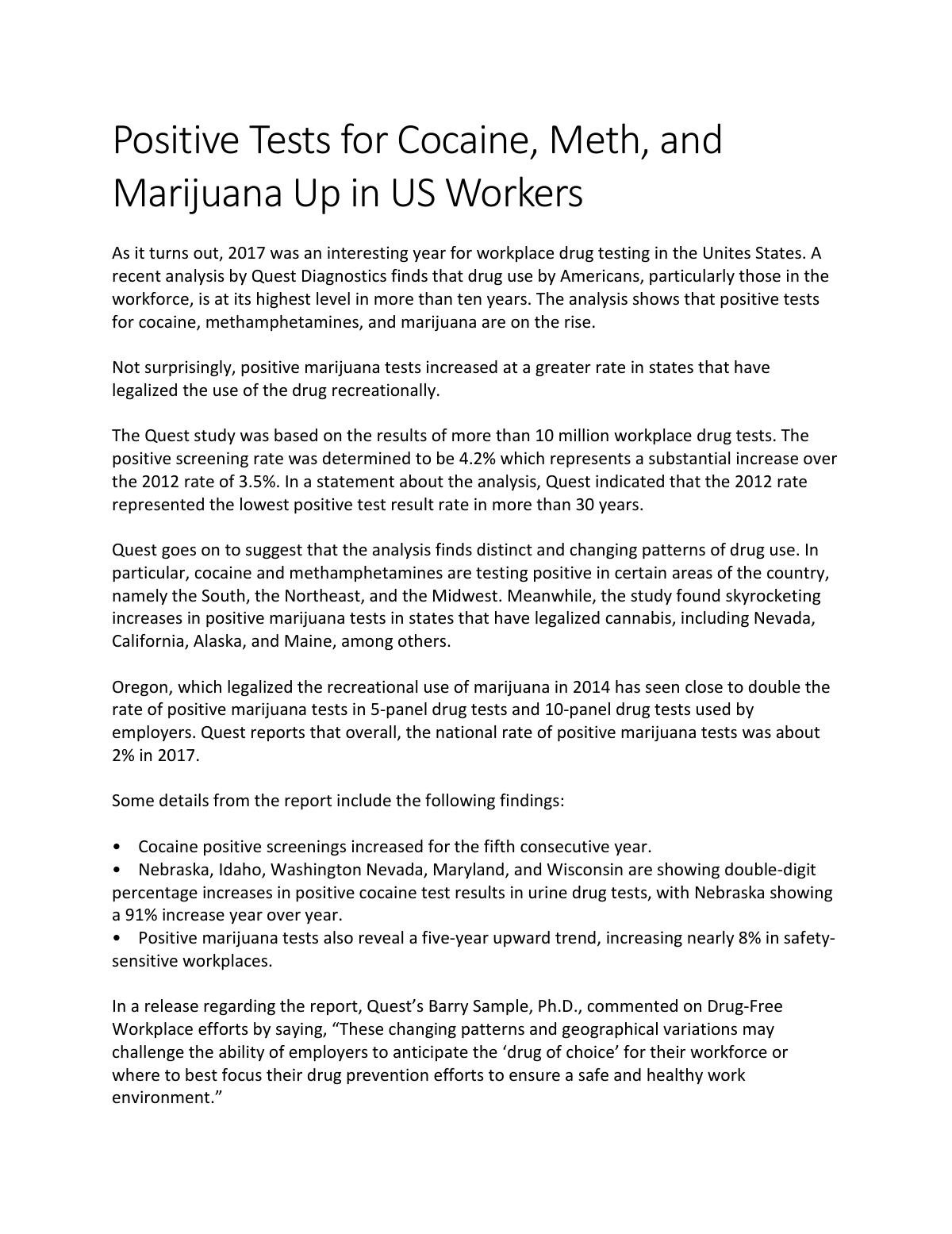 Positive Tests for Cocaine, Meth, and Marijuana Up in US Workers